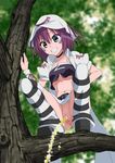  breasts censored green_eyes grin hat md5_mismatch medium_breasts merry_nightmare no_panties pee peeing purple_hair pussy sakurai_tene shoes short_hair smile solo squatting striped striped_legwear thighhighs tree underboob yumekui_merry 