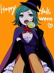  :o black_gloves bow bowtie candy cape elbow_gloves fangs food gloves green_eyes green_hair gumi halloween happy_halloween hat lollipop open_mouth orange_background orange_legwear pantyhose short_hair simple_background sitting skirt solo tama_(songe) text_focus vest vocaloid witch_hat 