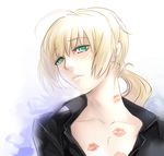  ahoge androgynous artist_request artoria_pendragon_(all) blonde_hair blush embarrassed fate/zero fate_(series) formal green_eyes lipstick_mark ponytail reverse_trap saber shirt source_request unbuttoned 