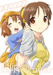  apron bag blush_stickers breasts brown_eyes brown_hair carrying closed_eyes ekakibito handbag happy_birthday hat hirasawa_ui hirasawa_yui k-on! kindergarten large_breasts multiple_girls older piggyback ponytail short_hair siblings sisters time_paradox younger 