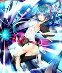  ass barefoot belt blue_eyes blue_hair bridal_gauntlets elbow_gloves fingerless_gloves gloves hatsune_miku hatsune_miku_(append) kitamuraeri long_hair looking_at_viewer looking_back necktie open_mouth smile solo twintails very_long_hair vocaloid vocaloid_append 