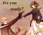  1girl ahoge america_(hetalia) axis_powers_hetalia black_hair blonde_hair blue_eyes bomber_jacket brown_eyes english genderswap genderswap_(mtf) glasses gloves gun hm-iz jacket japan_(hetalia) military military_uniform naginata polearm uniform weapon 