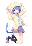  animal_ears animal_hood black_legwear blue_eyes blue_hair cat_ears cat_hood cat_tail dress_shirt highres hood hoodie kneehighs onka open_clothes open_hoodie original shirt shoes short_hair skirt solo tail usashiro_mani uwabaki 