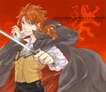  bad_id bad_pixiv_id blue_eyes cape character_name godric_gryffindor harry_potter kena lion male_focus ponytail red_hair solo sword weapon 