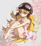  bakemonogatari barefoot blonde_hair dress goggles goggles_on_head leg_hug long_hair monogatari_(series) oshino_shinobu owarine_miku solo yellow_eyes 