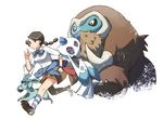  \m/ bow clothes_around_waist froslass gen_4_pokemon glaceon hair_ornament kneehighs loafers low_twintails mamoswine multi-tied_hair pokemon pokemon_(creature) pokemon_(game) pokemon_dppt running shoes simple_background skirt sleeves_rolled_up snow striped striped_legwear suzuna_(pokemon) sweater sweater_around_waist twintails weee_(raemz) white_background 