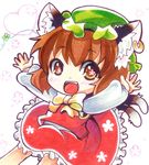  animal_ears blush bow brown_eyes brown_hair cat_ears cat_tail chen chibi earrings flower hat heart jewelry multiple_tails nekomata open_mouth outstretched_arms shirt short_hair skirt smile solo symbol-shaped_pupils tail takamoto_akisa touhou 