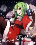  black_gloves black_legwear capelet christmas fur_trim gift gloves green_eyes green_hair gumi hood looking_at_viewer merry_christmas open_mouth pantyhose red_capelet red_skirt sack santa_costume short_hair short_hair_with_long_locks sidelocks skirt smile solo tama_(songe) vocaloid 