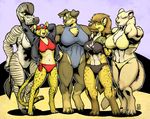  anthro beach breasts canine cheetah chest_tuft clothed clothing doberman dog equine fangs feline female fur group hyena jacket looking_at_viewer mammal muscles muscular_female one-piece_swimsuit pose rick_griffin saber_tooth_tiger sabertooth seaside skimpy skull smile smilodon swimsuit tuft zebra 