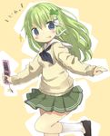  1girl :p alternate_costume amaa_(chou_dennou_jidai) bad_id bad_pixiv_id blush_stickers cellphone frog_hair_ornament green_hair hair_ornament kochiya_sanae long_hair phone school_uniform serafuku skirt solo sweater tongue tongue_out touhou 