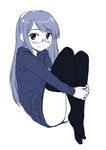  blue blush glasses highres leg_hug long_hair monochrome original sakaki_imasato smile solo sweater thighhighs 