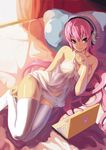  bare_shoulders bed bedroom breast_squeeze breasts cleavage computer headphones laptop large_breasts legs lingerie long_hair long_legs looking_at_viewer lying madyy negligee nitroplus no_panties on_bed on_side pillow pink_eyes pink_hair see-through skindentation solo strap_slip super_sonico thighhighs thighs underwear underwear_only very_long_hair white_legwear 