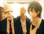  baseball_cap black_hair blonde_hair bluuue danshi_koukousei_no_nichijou facial_hair hat karasawa_toshiyuki motoharu_(danshi_koukousei) multiple_boys necktie president_(danshi_koukousei) school_uniform short_hair striped striped_neckwear stubble vice_president_(danshi_koukousei) 