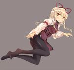  black_legwear blonde_hair blush bow breasts dress feet garnet grey_background long_hair medium_breasts no_hat no_headwear no_shoes orange_eyes pantyhose ribbon simple_background solo touhou yakumo_yukari 