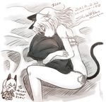  &gt;_&lt; animal_ears bare_shoulders bed_sheet cat_ears cat_tail character_name chibi closed_eyes copyright_name dated eila_ilmatar_juutilainen long_hair lying monochrome multiple_girls on_side panties pillow pillow_hug ryou_(shirotsumesou) sanya_v_litvyak short_hair side-tie_panties sleeping strap_slip strike_witches tail underwear world_witches_series zzz 