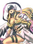  angel_wings angewomon asymmetrical_clothes bad_id bad_pixiv_id bare_shoulders belt blonde_hair breasts digimon gloves head_wings highres katou_teppei large_breasts long_hair multiple_wings simple_background solo visor white_background wings 