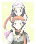  blue_eyes blue_hair blush couple hat hikari_(pokemon) hug kouki_(pokemon) lowres pokemon pokemon_(game) pokemon_dppt scarf yellow_background 