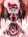  :o bat_wings flower hat holding holding_flower kotarou_(rakugaki_shirushi) large_wings looking_at_viewer open_mouth red_eyes red_flower red_rose remilia_scarlet rose short_hair silver_hair solo standing touhou wings wrist_cuffs 