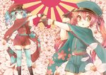  aihara_kaori blue_eyes blue_hair bow cherry_blossoms closed_eyes flower gloves hair_bow hat highres momobako multiple_girls original red_hair rising_sun rojiko senbon-zakura_(vocaloid) skirt sunburst thighhighs twintails vocaloid zettai_ryouiki 