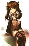  brown_hair cellphone child dated hair_ribbon highres holding jacket kotoba_noriaki long_hair looking_at_viewer open_mouth original phone ribbon short_shorts shorts signature simple_background sitting solo striped striped_legwear sweatdrop thighhighs twintails 