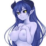  areolae astaroth_(shinrabanshou) black_sclera blue_hair blue_skin breast_suppress breasts demon_girl fang horns large_breasts long_hair nipples nude pas_(paxiti) pointy_ears shinrabanshou simple_background slit_pupils solo succubus upper_body white_background yellow_eyes 