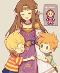  1girl 2boys blonde_hair brown_hair circlet claus dress grin hinawa hug long_hair lucas mother_(game) mother_3 mother_and_son multiple_boys nintendo pointy_ears princess_zelda shirt smile striped striped_shirt super_smash_bros. super_smash_bros._ultimate tears the_legend_of_zelda triforce twitter_username wusagi2 