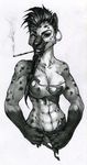  breasts cigarette cigarette_holder clothing ear_piercing earring female gnoll harag hyena looking_at_viewer mammal monochrome muscles muscular_female navel piercing punk smoke smoking solo torn_clothing 