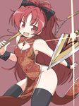  breasts chain china_dress chinese_clothes cleavage cleavage_cutout dress fang gem hips long_hair looking_at_viewer mahou_shoujo_madoka_magica medium_breasts naitou_kouse no_nose no_panties open_mouth red_eyes red_hair sakura_kyouko simple_background solo thighhighs thighs wrist_cuffs 