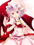  ascot bad_id bad_pixiv_id bat_wings brooch hat highres jewelry lavender_hair red_eyes remilia_scarlet short_hair skirt smile solo touhou wings wrist_cuffs yutazou 