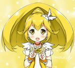  blonde_hair bow choker cure_peace double_v eyelashes hair_flaps kise_yayoi magical_girl precure skirt sky_(freedom) smile_precure! solo v wide_ponytail wrist_cuffs yellow yellow_background yellow_bow yellow_choker yellow_eyes yellow_skirt 