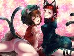  animal_ears ass bow brown_eyes brown_hair cat_ears cat_tail chen earrings fang hair_bow hat jewelry kaenbyou_rin multiple_girls multiple_tails naughty_face open_mouth panties red_eyes red_hair short_hair smile tail touhou underwear white_panties yana_(nekoarashi) 