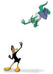  anthro avian bird clothed clothing daffy_duck duck duo ears feathers green green_body leelee lizard looney_tunes male plain_background pounce reptile scalie stripes toki toki_(character) tongue warner_brothers white_background 