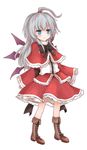 blue_eyes boots bow capelet cross-laced_footwear dress full_body grey_hair hair_bobbles hair_ornament highres lace-up_boots light_smile long_hair ponytail purple_wings red_capelet shinki shize_(coletti) simple_background smile solo touhou white_background wings 