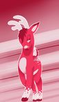  ambiguous_gender antlers braeburned cervine deer feral futret hair hooves horn mammal pink pink_eyes pink_hair pink_theme red_hooves smug striped_background 