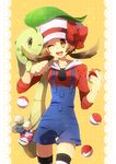  bag brown_eyes brown_hair cabbie_hat chikorita doll gen_2_pokemon hat holding holding_poke_ball jumpluff keychain kotone_(pokemon) one_eye_closed poke_ball pokegear pokemon pokemon_(creature) pokemon_(game) pokemon_hgss ribbon shooting-star smile twintails 