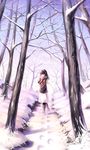  absurdres black_legwear boots breath brown_hair coat footprints forest hand_in_pocket highres imaoka looking_back nature original pantyhose pleated_skirt scarf skirt smile snow solo 
