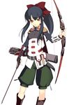  arrow black_hair bow bow_(weapon) breasts goggles goggles_around_neck hair_bow highres long_hair quiver red_eyes rokuwata_tomoe sekaiju_no_meikyuu sekaiju_no_meikyuu_4 shorts simple_background skin_tight small_breasts sniper_(sekaiju) solo source_request weapon 