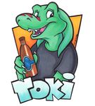  alcohol badge beer beverage clothed clothing ears fangs green green_body lizard looking_at_viewer male marymouse open_mouth plain_background reptile scalie smile solo stripes teeth toki toki_(character) white_background 