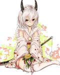  detached_sleeves flower horns japanese_clothes la-na original red_eyes short_hair silver_hair sitting smile solo sword thighhighs weapon white_legwear 