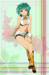  1girl aquarion_(series) aquarion_evol bare_shoulders boots breasts cleavage cleavage_cutout flower green_hair highres looking_at_viewer medium_breasts midriff navel purple_eyes short_hair short_shorts shorts sitting zessica_wong 