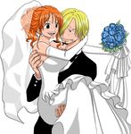  1girl bad_id bad_pixiv_id blonde_hair bouquet carrying cigarette dress earrings elbow_gloves facial_hair flower gloves goatee hair_over_one_eye jewelry mustache nami_(one_piece) one_piece orange_hair princess_carry sanji smile tattoo wedding_dress yamadaenako 