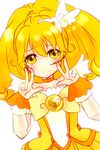  bad_id bad_pixiv_id blonde_hair bow bowtie choker cure_peace double_v eyelashes hair_flaps hair_ornament hairpin kise_yayoi kurosawa_itsuki long_hair magical_girl no_nose orange_choker orange_neckwear precure ribbon skirt smile smile_precure! solo v white_background wide_ponytail yellow yellow_bow yellow_eyes yellow_skirt 