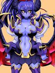  asmodeus_(shinrabanshou) bare_shoulders blue_hair blue_skin breasts demon_girl demon_wings detached_sleeves earrings higuma horns jewelry large_breasts long_hair monster_girl navel no_panties pointy_ears pussy shinrabanshou simple_background skirt solo standing succubus thighhighs uncensored weapon wings yellow_eyes 