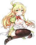  apron bad_id bad_pixiv_id black_legwear blonde_hair blush bow bowtie breasts cleavage cleavage_cutout finger_to_mouth gloves green_eyes hairband high_heels large_breasts legs long_hair original panties puffy_sleeves shoes sitting solo thighhighs underwear white_gloves white_panties yuran 