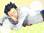  bad_id bad_pixiv_id black_hair closed_eyes flower gyakuten_saiban head_rest long_sleeves lying male_focus naruhodou_ryuuichi necktie on_stomach open_mouth outline pants sabota seal sleeping solo spiked_hair stuffed_animal stuffed_seal stuffed_toy whiskers 