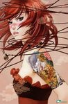  bare_shoulders jpeg_artifacts lips red_hair solo tattoo watermark zhang_xiaobai 