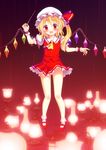  ascot bat_wings baton_(instrument) blonde_hair blush dress flandre_scarlet hat lantern open_mouth rain red_eyes saki_chisuzu short_hair side_ponytail smile solo touhou wings 