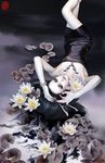  black_hair copyright_request dress flower hair_ornament long_hair lying on_back pale_skin signature solo zhang_xiaobai 