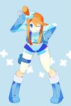  bad_id bad_pixiv_id blue_background blue_eyes blue_footwear boots elbow_gloves full_body fuuro_(pokemon) gloves hair_ornament leaning looking_at_viewer midriff navel one_eye_closed orange_hair pokemon pokemon_(game) short_shorts shorts simple_background smile solo todamoto 