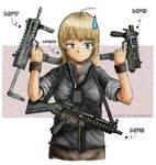  ahoge between_breasts blonde_hair blue_eyes breasts brown_hair brugger-thomet_mp9 call_of_duty call_of_duty:_modern_warfare_3 dated digital_media_player dual_wielding english gun h&amp;k_mp5 h&amp;k_mp7 heckler_&amp;_koch holding pun sleeves_rolled_up sling solo specterz submachine_gun sweatdrop vertical_foregrip weapon wristband 